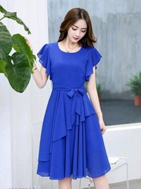 Elizy Women Black Plain Flair Georgette Short Dress - M, Royal Blue